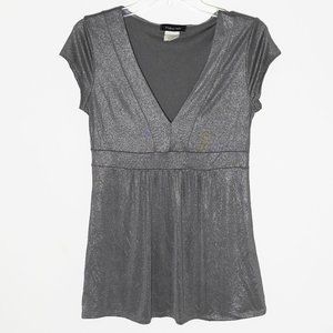 Fleurish Silver Sparkle Glitter V-Neck Blouse Edgy